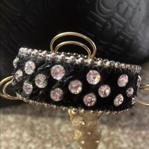 Elegant leather / calf hair Black and Gold Bracelet with Rhinestones vintage.